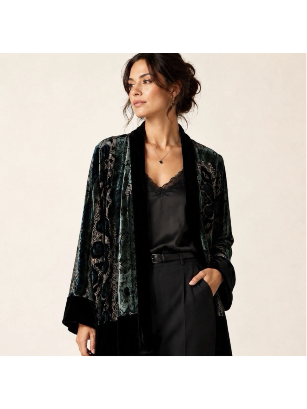 VTG Chico’s Velvet Burnout Silk Open Jacket Sz 3/L Silk Whimsigoth Fairy Boho